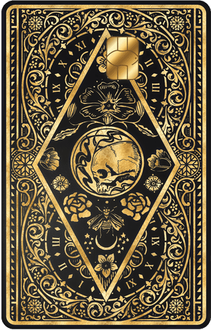 Clock of Death metal card by Gold Wraps, dark stainless steel with skull and clock design