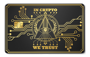 In Crypto We Trust metal card by Gold Wraps, stainless steel with pyramid crypto design