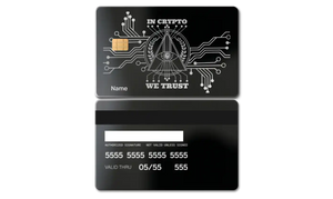 Premium In Crypto We Trust metal card with modern metal card styling and high-end cryptocurrency design