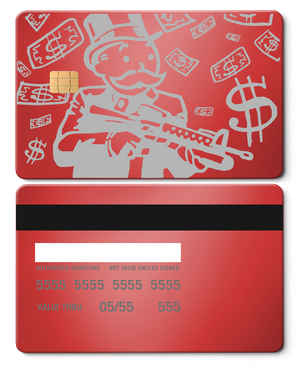 Collector showcase of Monopoly Man metal cards, high-end luxury custom metal cards worldwide
