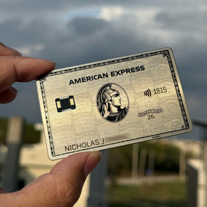 Platinum AMEX metal card by Gold Wraps, premium silver stainless steel luxury card