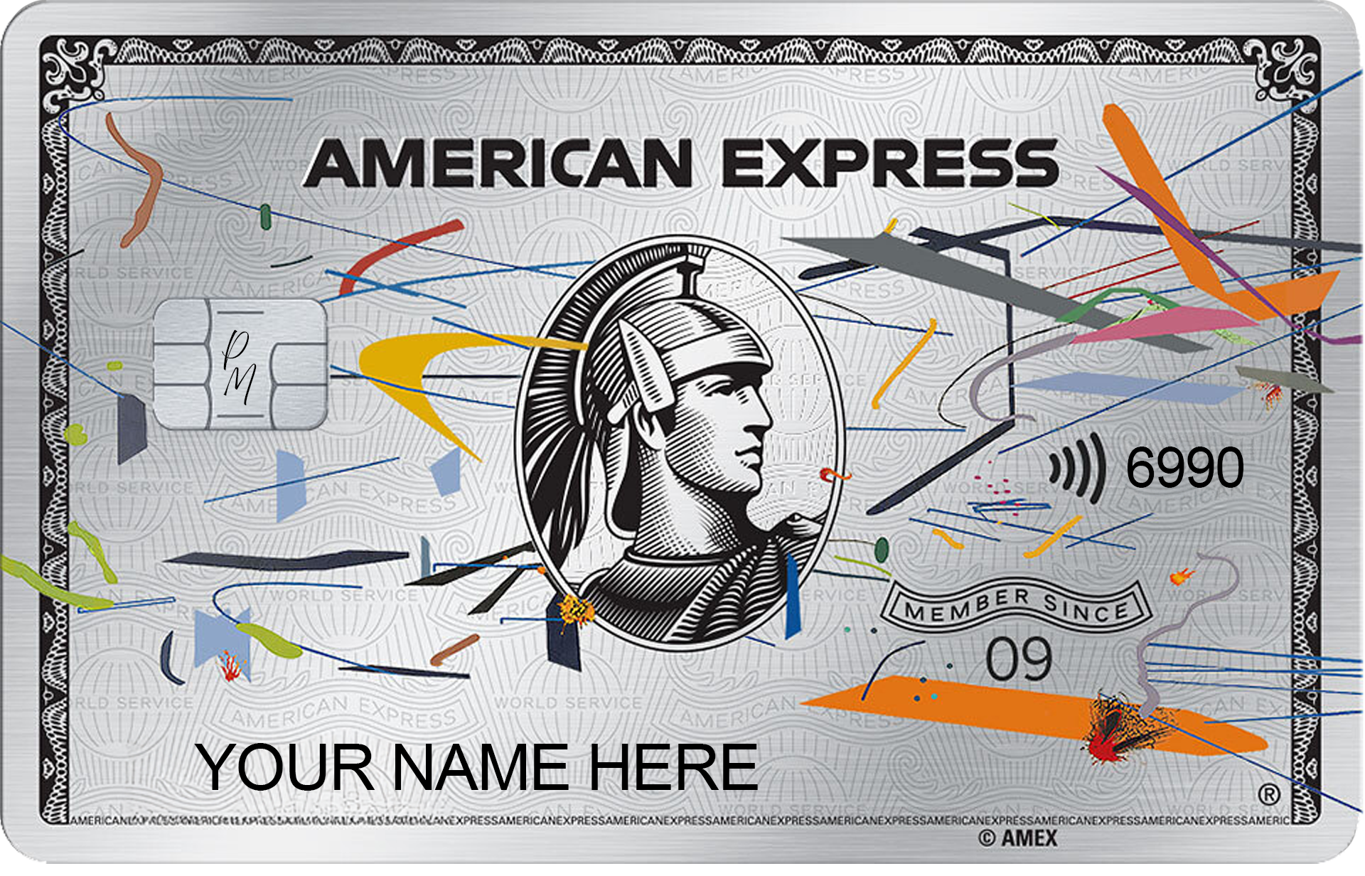 Art Platinum AMEX metal card by Gold Wraps, platinum stainless steel with intricate art design