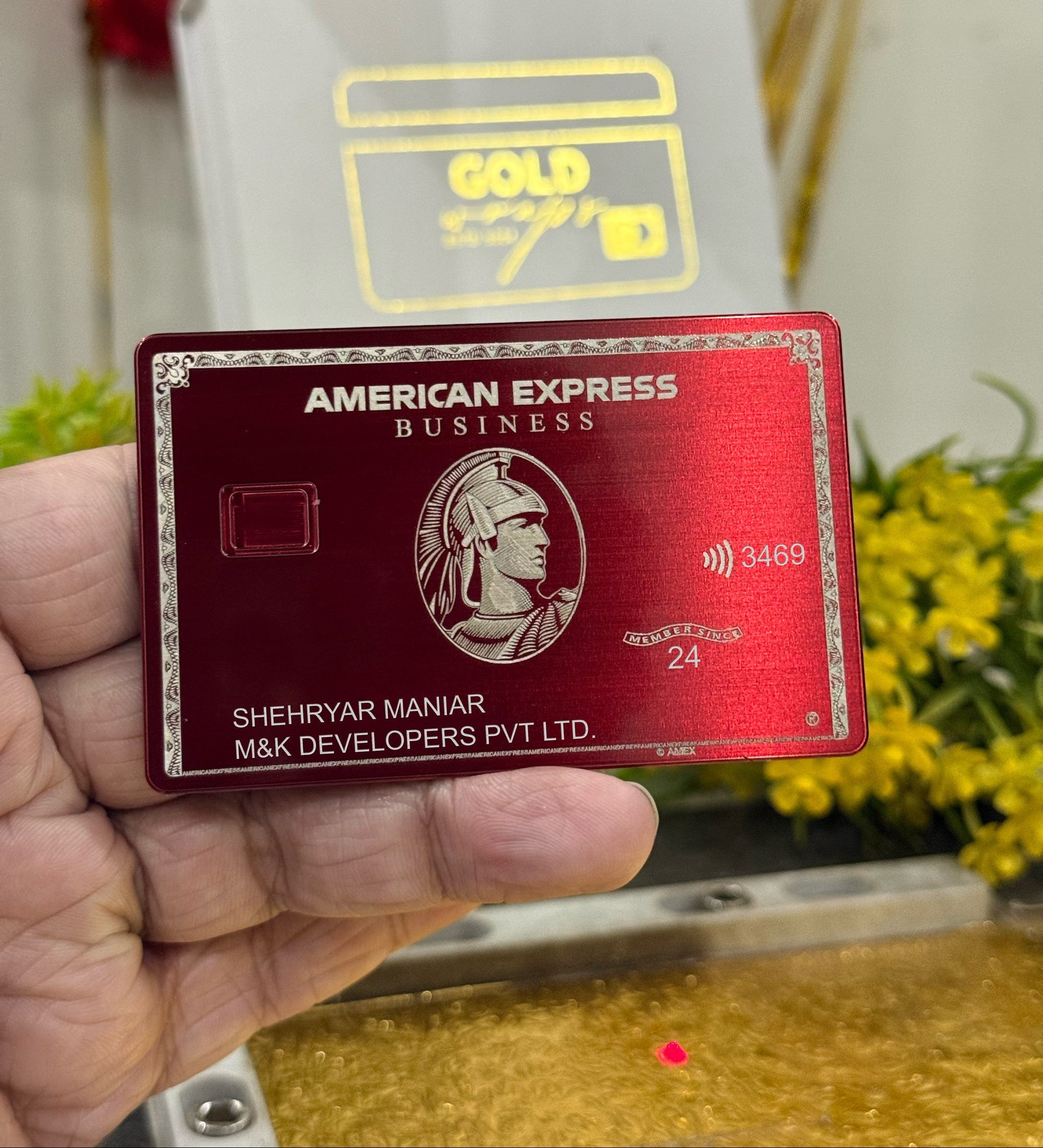 Red Plum American Express Business card held by a hand with a blurred background