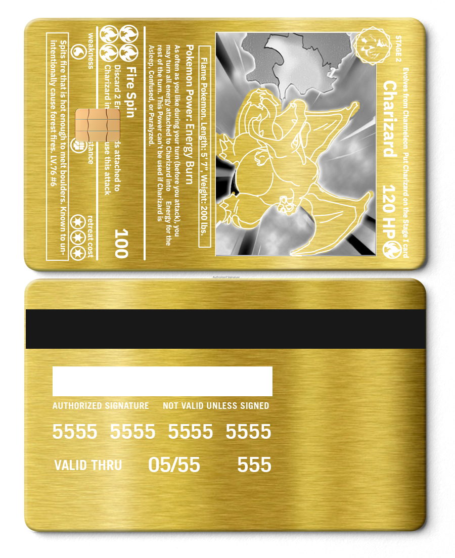 Premium Charizard metal card with modern luxury metal card finish and custom color design