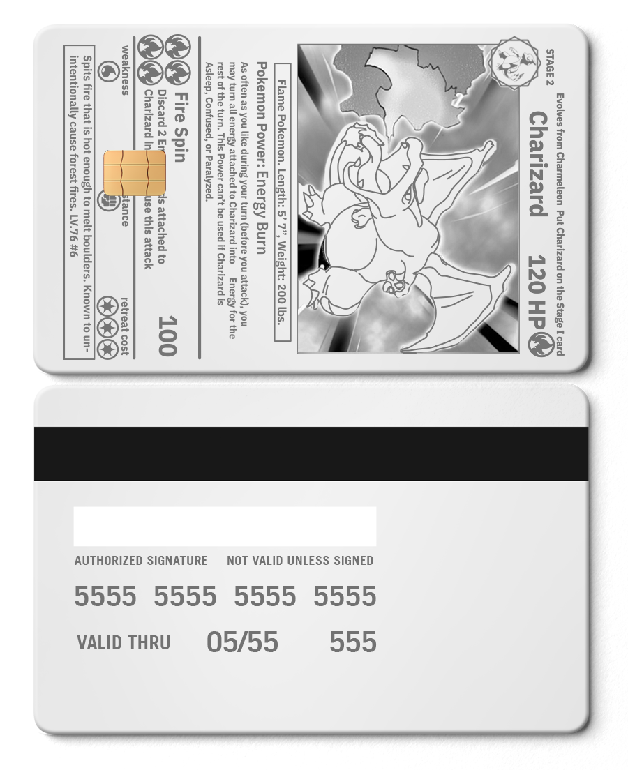 Premium Charizard metal card featuring sleek metal card construction and vibrant custom color variations for collectors