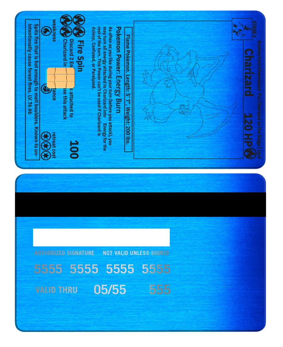 Luxury Charizard metal card with sophisticated metal card finish and multiple color variations for international clients
