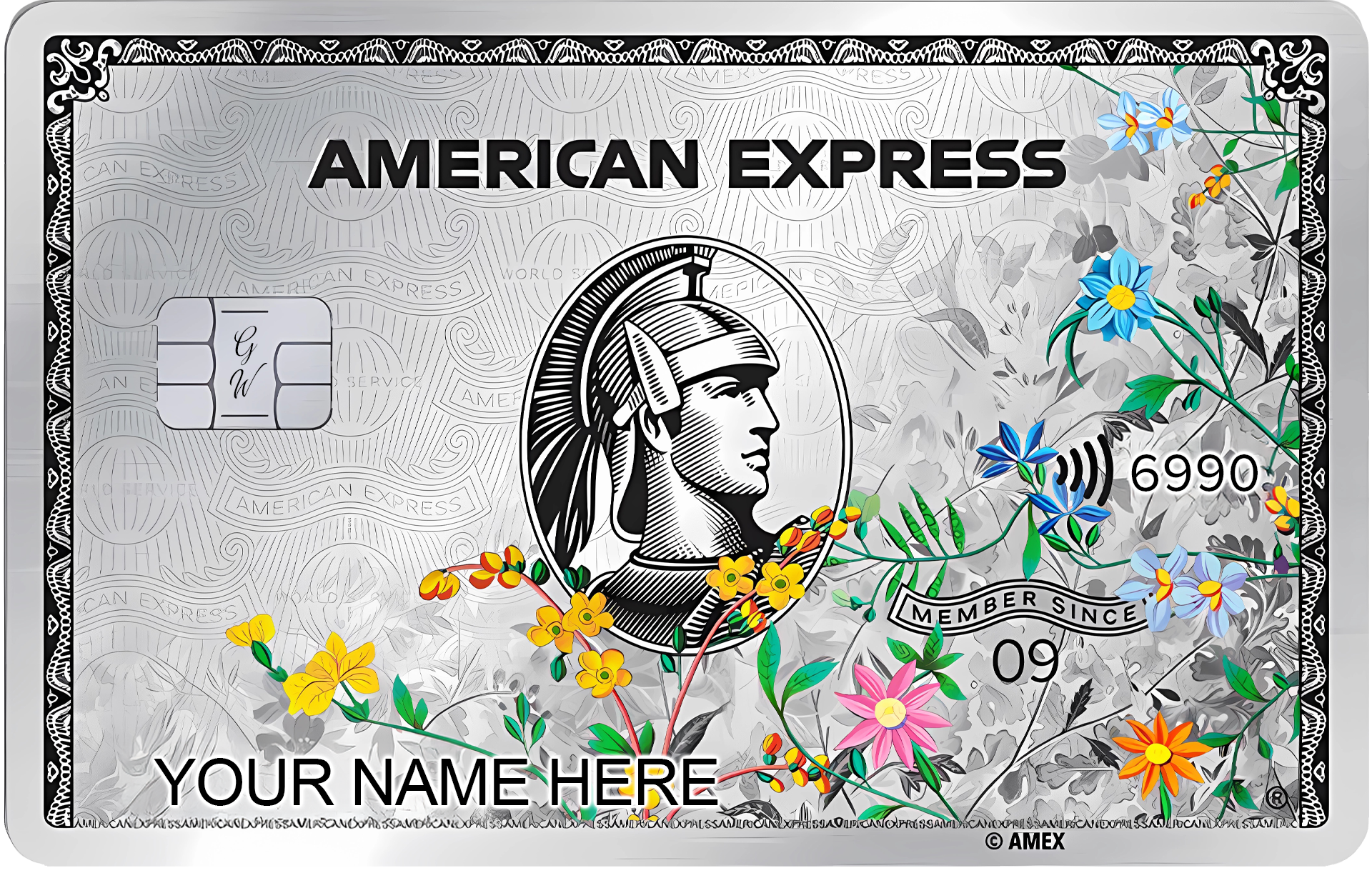 Flowers Platinum AMEX metal card by Gold Wraps, platinum stainless steel with floral design