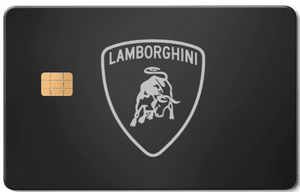 Black Lamborghini metal card with silver logo and chip, Luxury Lamborghini metal card featuring high-end engraved automotive detailing