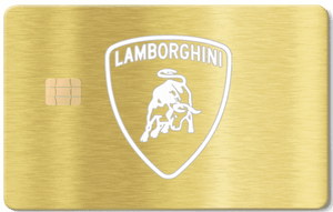 Brushed gold metal card with Lamborghini logo and embedded chip, Exclusive Lamborghini metal card with sophisticated modern luxury finish