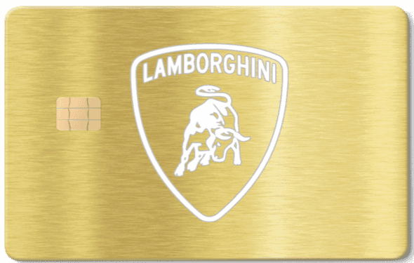 Brushed gold metal card with Lamborghini logo and embedded chip, Exclusive Lamborghini metal card with sophisticated modern luxury finish