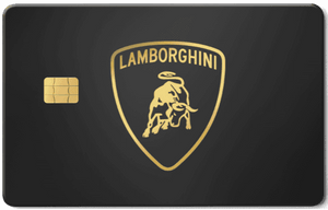 Lamborghini metal card with sleek modern professional design, Metal card with Lamborghini gold bull logo on matte black background, chip on left side
