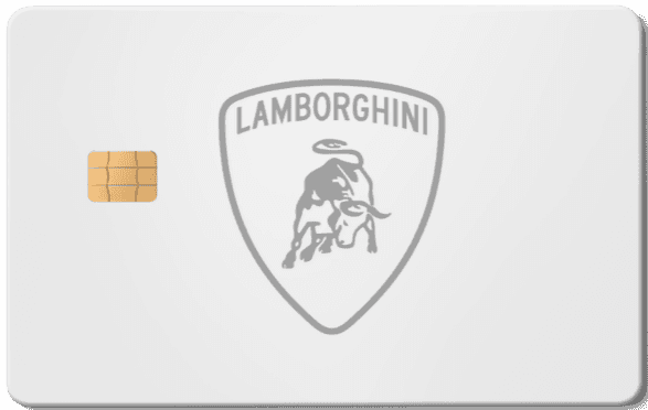 High-end Lamborghini metal card with elegant luxury automotive finish, White metal card with Lamborghini logo and gold chip