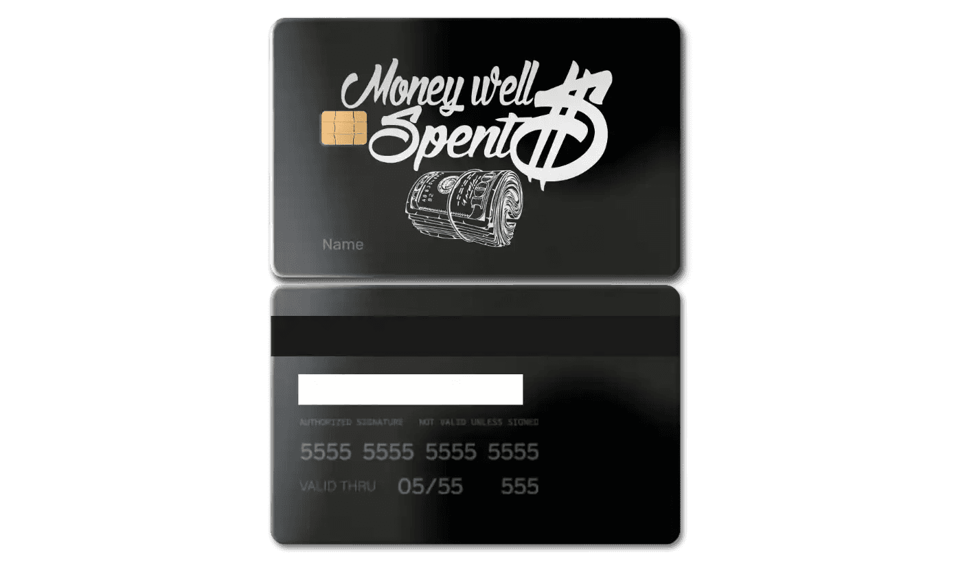 Elite Money Well Spent metal card with intricate engraved detailing for luxury branding