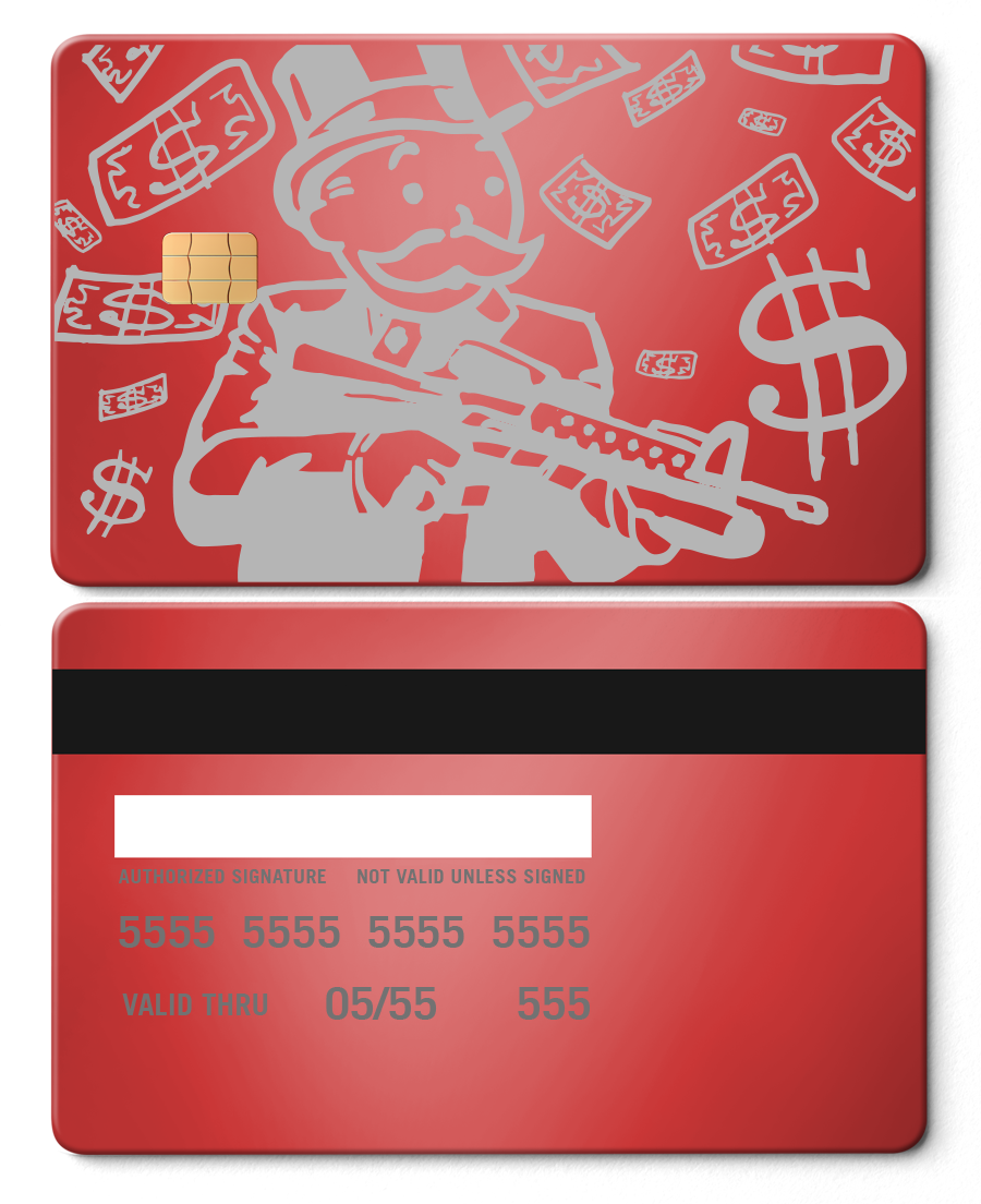 Collector showcase of Monopoly Man metal cards, high-end luxury custom metal cards worldwide