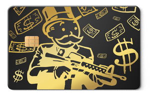 Monopoly Man metal card by Gold Wraps, premium stainless steel with flying dollars design