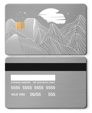 Custom engraved Mountain Line metal cards with intricate metal detailing, premium metal cards for international buyers