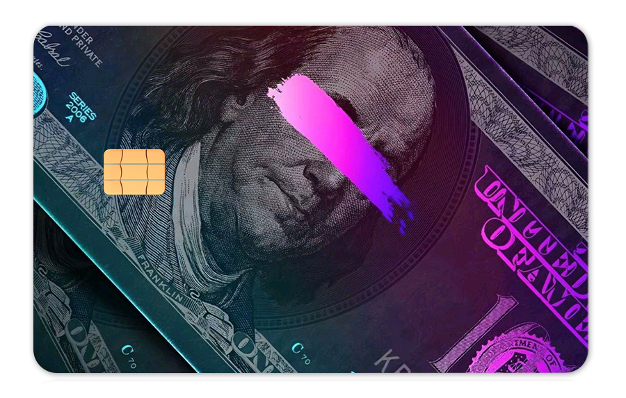 Neon Franklin metal card by Gold Wraps, stainless steel with neon Benjamin Franklin design