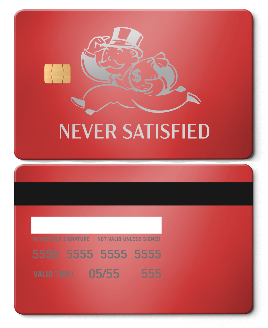 Collector showcase of Never Satisfied metal card, high-end luxury custom metal card worldwide