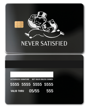 Never Satisfied metal card with intricate engraved artwork, premium custom metal card for international collectors