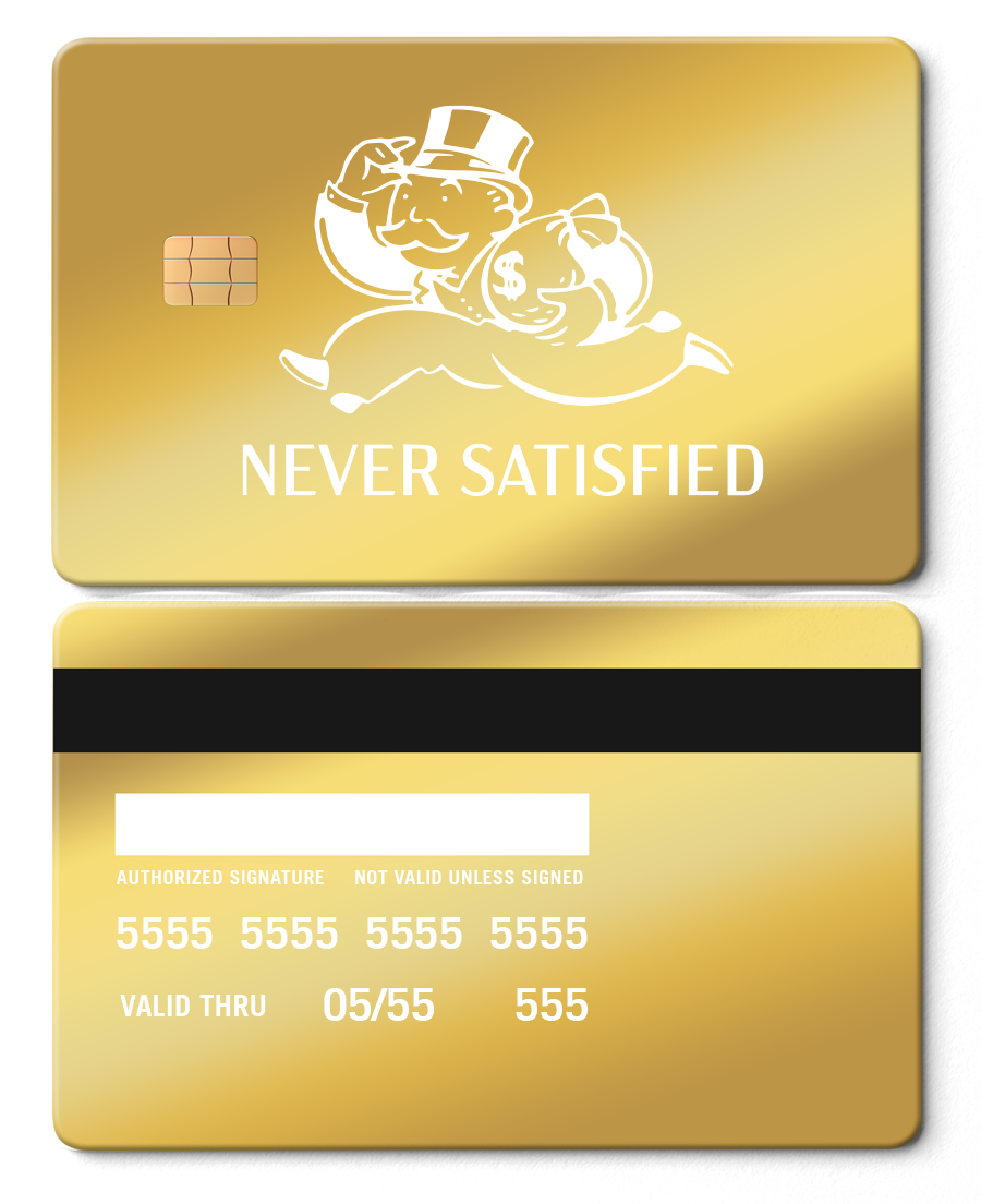 Exclusive limited edition Never Satisfied metal card with unique engraving, high-end custom metal card worldwide