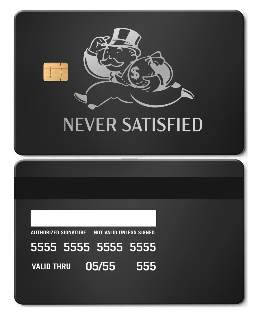 Luxury Never Satisfied metal card featuring intricate engraving, elite custom metal card for global markets