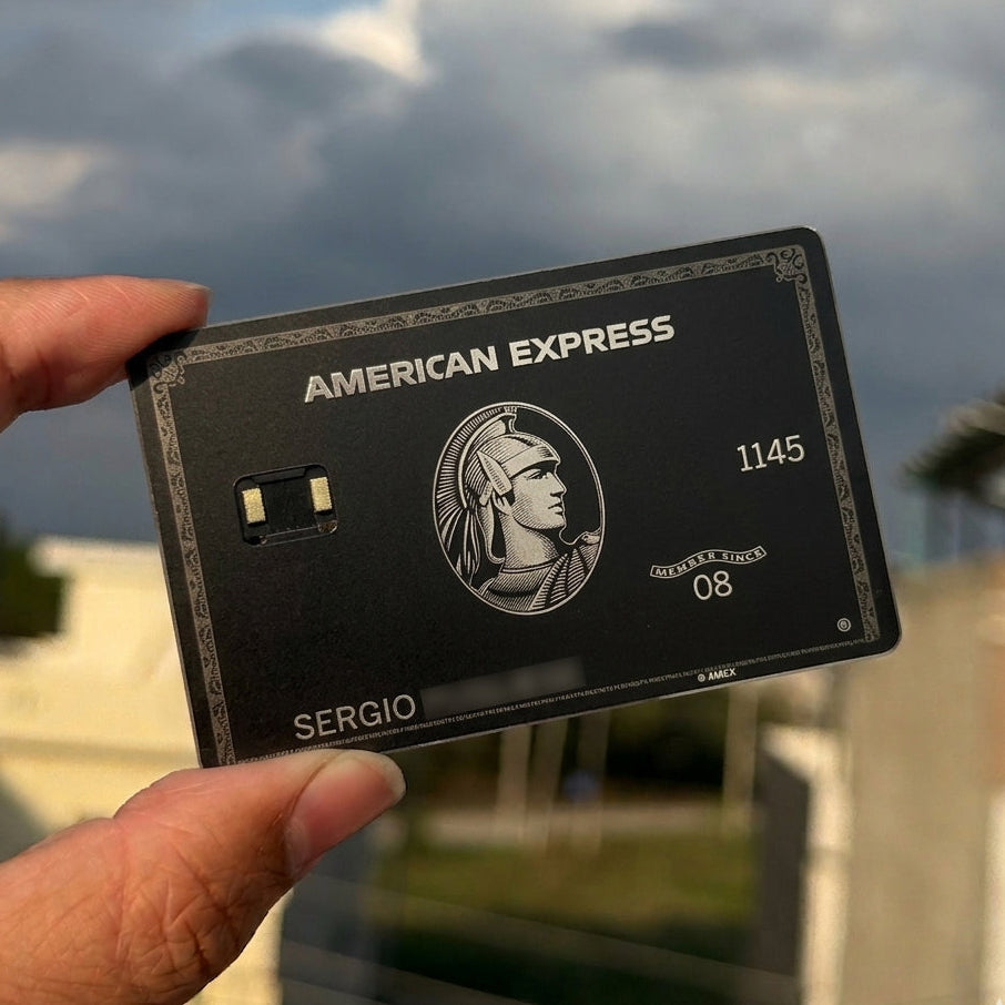 Black Centurion AMEX metal card by Gold Wraps, premium matte black stainless steel luxury card