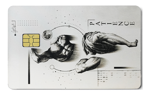 Overpowered Atlas metal card by Gold Wraps, stainless steel with patience design