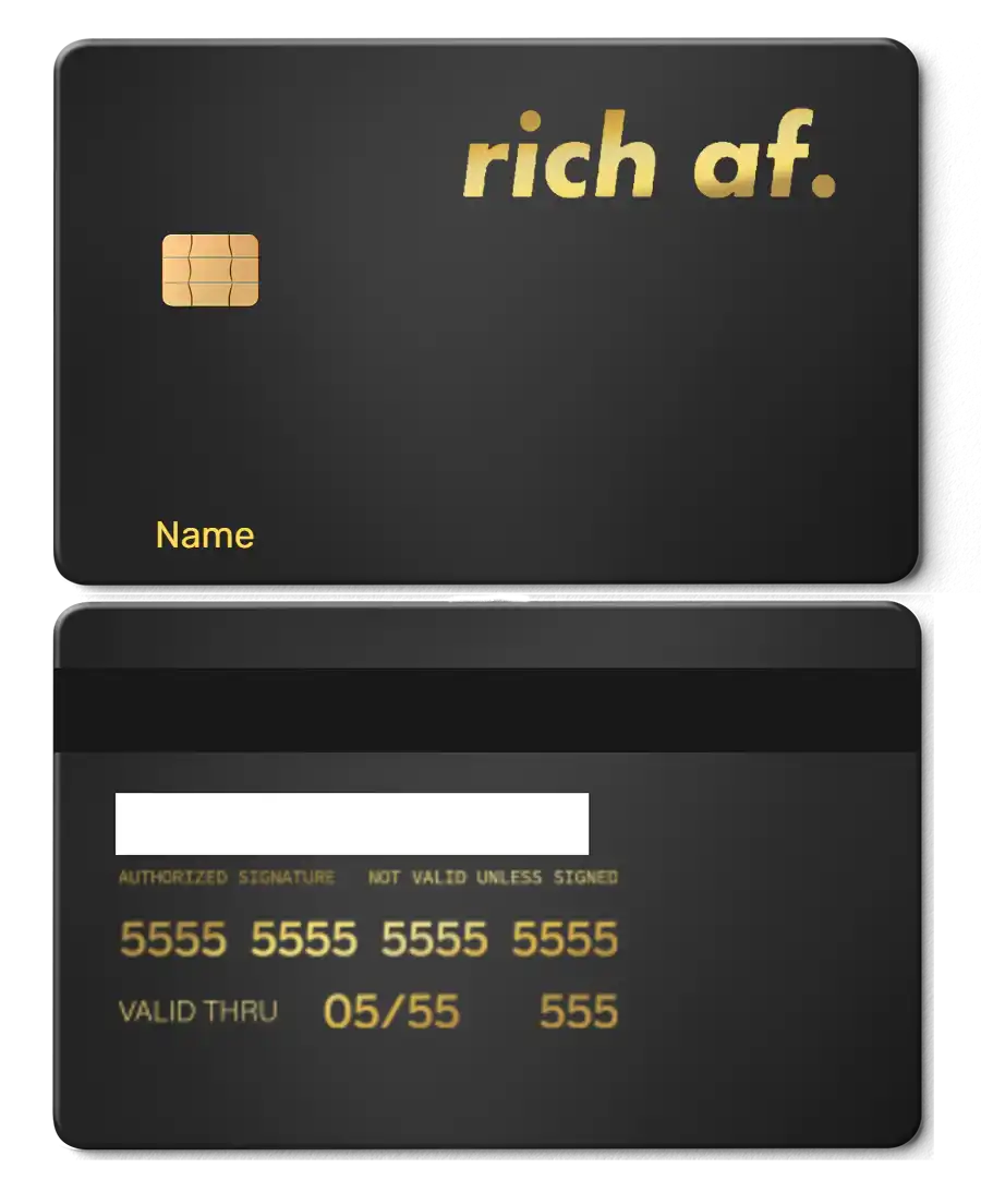 Premium Rich AF metal card showcased with luxury craftsmanship, custom metal card for global collectors