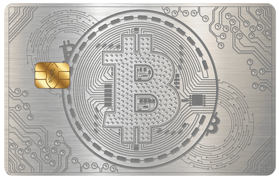 Silver Bitcoin metal card by Gold Wraps, premium silver stainless steel crypto card